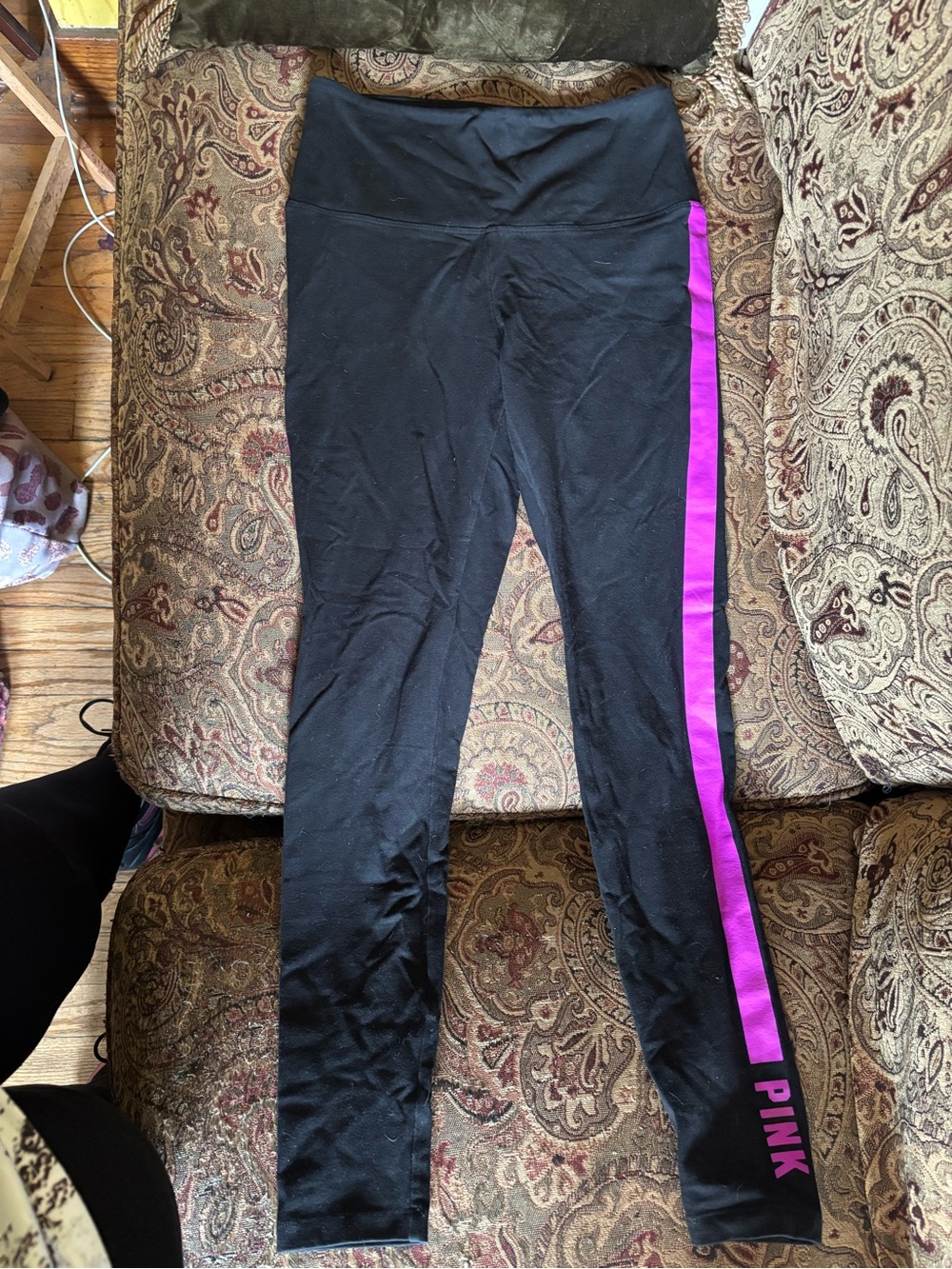 PINK Victoria's Secret Black Leggings with Bright Purple Side Stripe